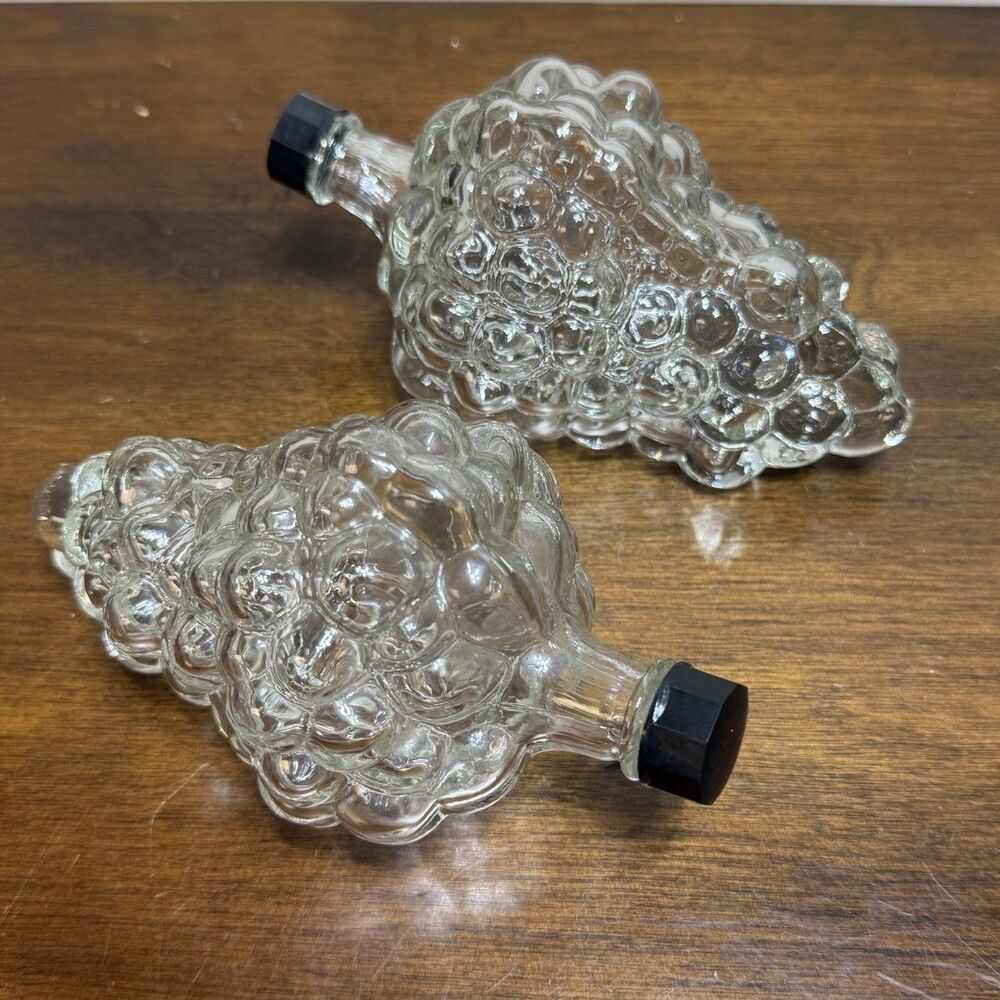 2 Vintage Clear Glass Grapes Cluster Shaped Wine Bottle Decanter Stamped Turkey - Picture 2 of 9